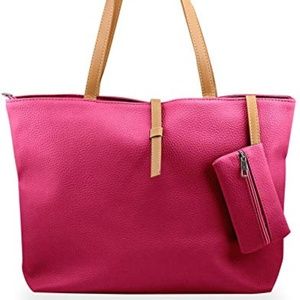 PINK PU LEATHER TOTE BAG WITH A MINI POUCH
